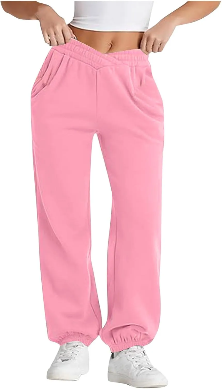 Womens Pants Casual Plus Size V Crossover Waist Sweatpants Baggy Y2K Jogger Pants Cinch Bottom Warm Lounge Pants