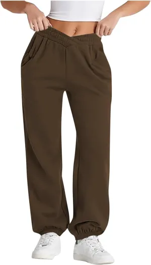 Womens Pants Casual Plus Size V Crossover Waist Sweatpants Baggy Y2K Jogger Pants Cinch Bottom Warm Lounge Pants
