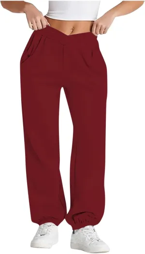 Womens Pants Casual Plus Size V Crossover Waist Sweatpants Baggy Y2K Jogger Pants Cinch Bottom Warm Lounge Pants