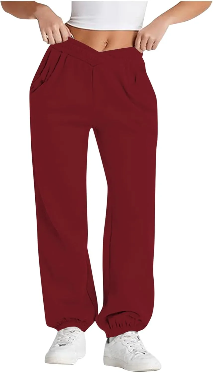 Womens Pants Casual Plus Size V Crossover Waist Sweatpants Baggy Y2K Jogger Pants Cinch Bottom Warm Lounge Pants