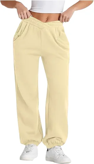 Womens Pants Casual Plus Size V Crossover Waist Sweatpants Baggy Y2K Jogger Pants Cinch Bottom Warm Lounge Pants
