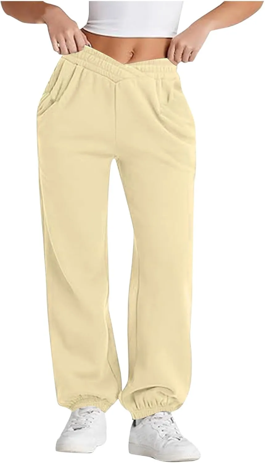 Womens Pants Casual Plus Size V Crossover Waist Sweatpants Baggy Y2K Jogger Pants Cinch Bottom Warm Lounge Pants