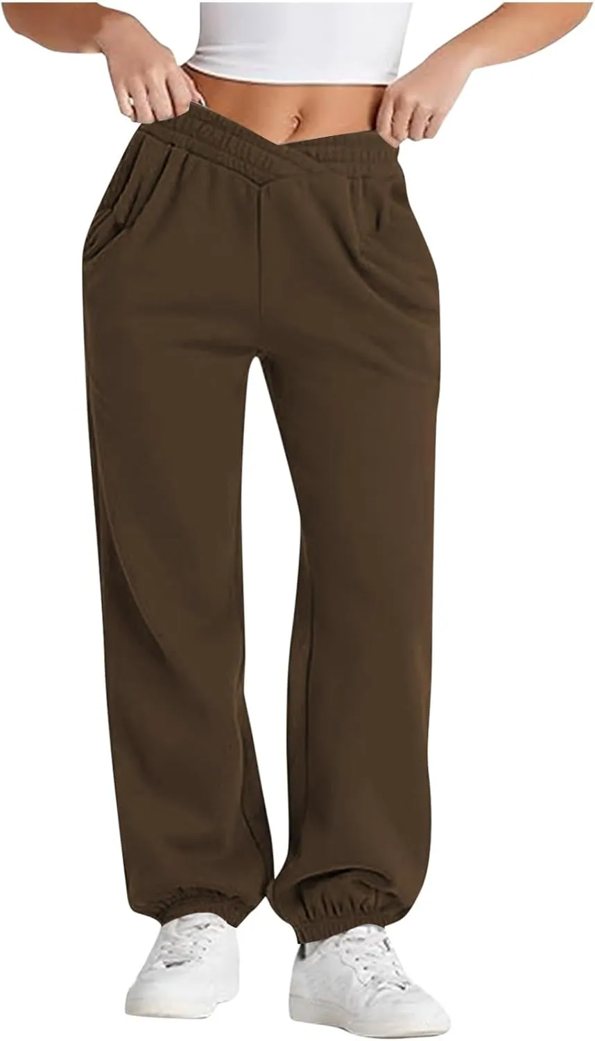 Womens Pants Casual Plus Size V Crossover Waist Sweatpants Baggy Y2K Jogger Pants Cinch Bottom Warm Lounge Pants