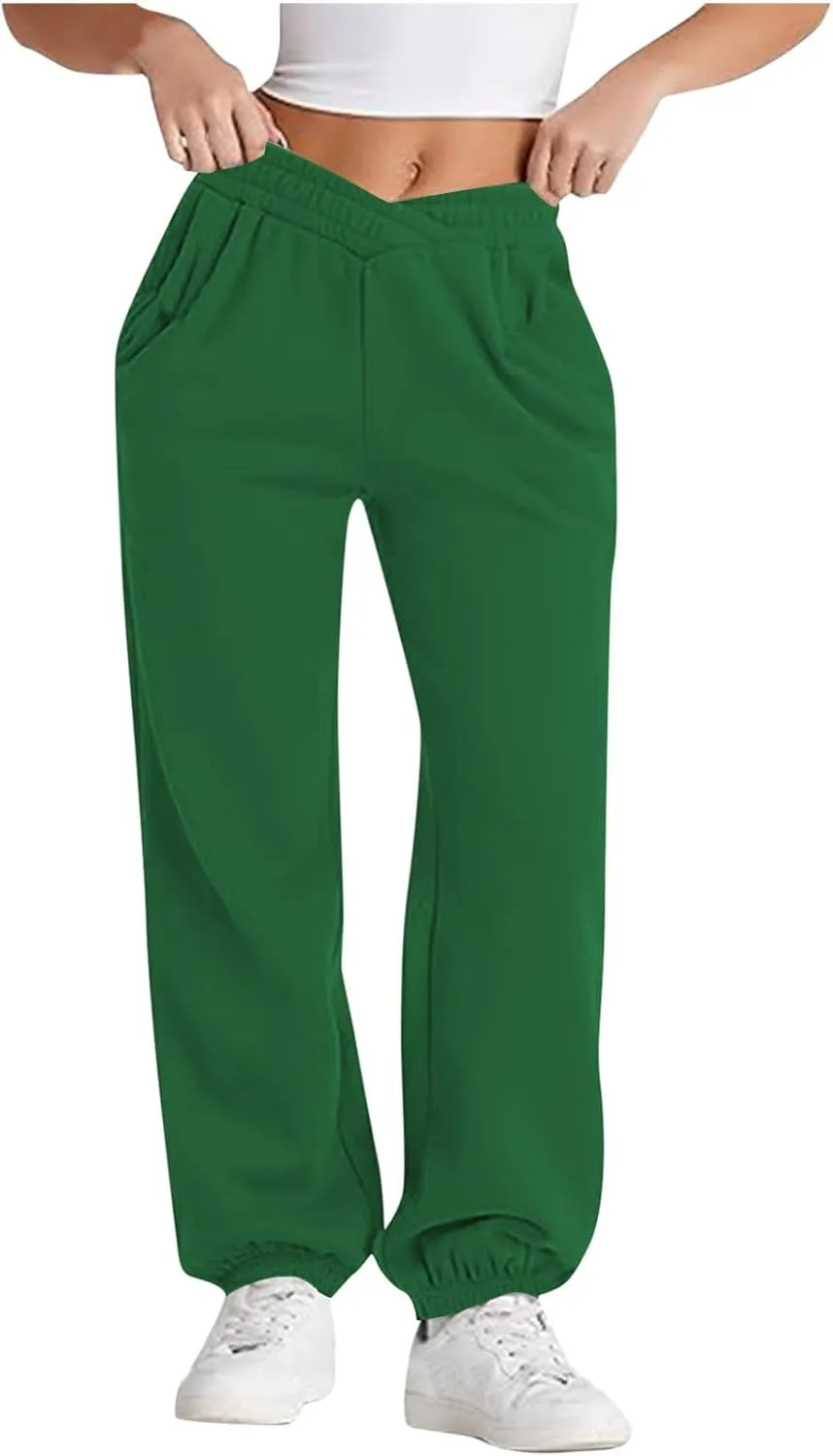 Womens Pants Casual Plus Size V Crossover Waist Sweatpants Baggy Y2K Jogger Pants Cinch Bottom Warm Lounge Pants