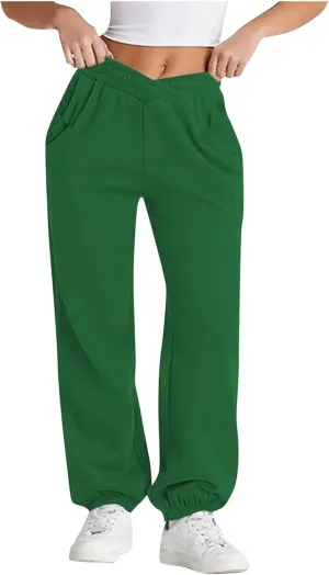 Womens Pants Casual Plus Size V Crossover Waist Sweatpants Baggy Y2K Jogger Pants Cinch Bottom Warm Lounge Pants