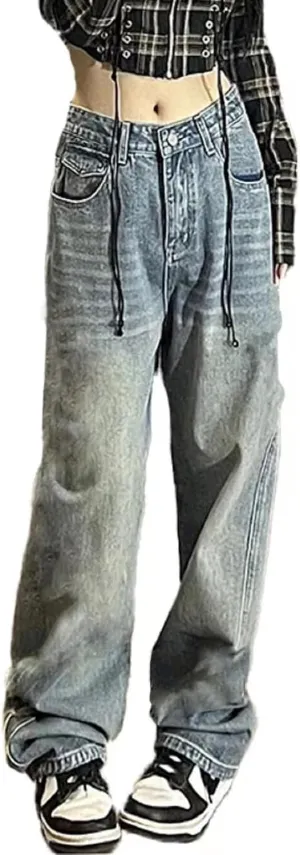 Womens Pentagram Patch Jeans Y2k Baggy Jeans High Waist Straight Wide Leg Denim Pants Vintage Trousers
