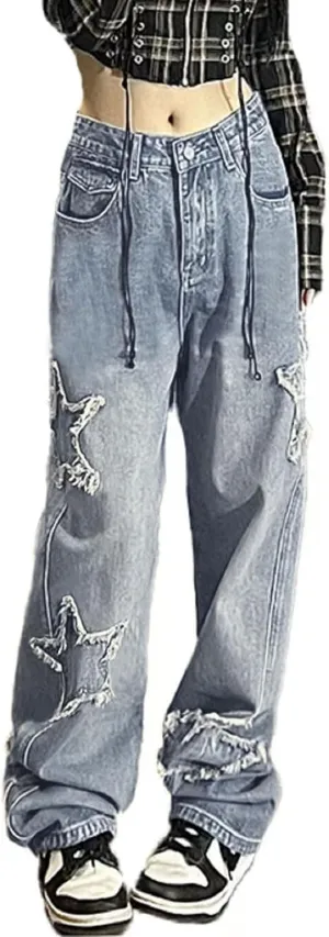 Womens Pentagram Patch Jeans Y2k Baggy Jeans High Waist Straight Wide Leg Denim Pants Vintage Trousers