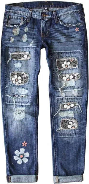 Womens Plaid Patch Ripped Boyfriend Jeans Distressed Stretch Skinny Denim Jeans with Hole,2024 Spring Fashion Pants