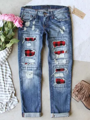 Womens Plaid Patch Ripped Boyfriend Jeans Distressed Stretch Skinny Denim Jeans with Hole,2024 Spring Fashion Pants