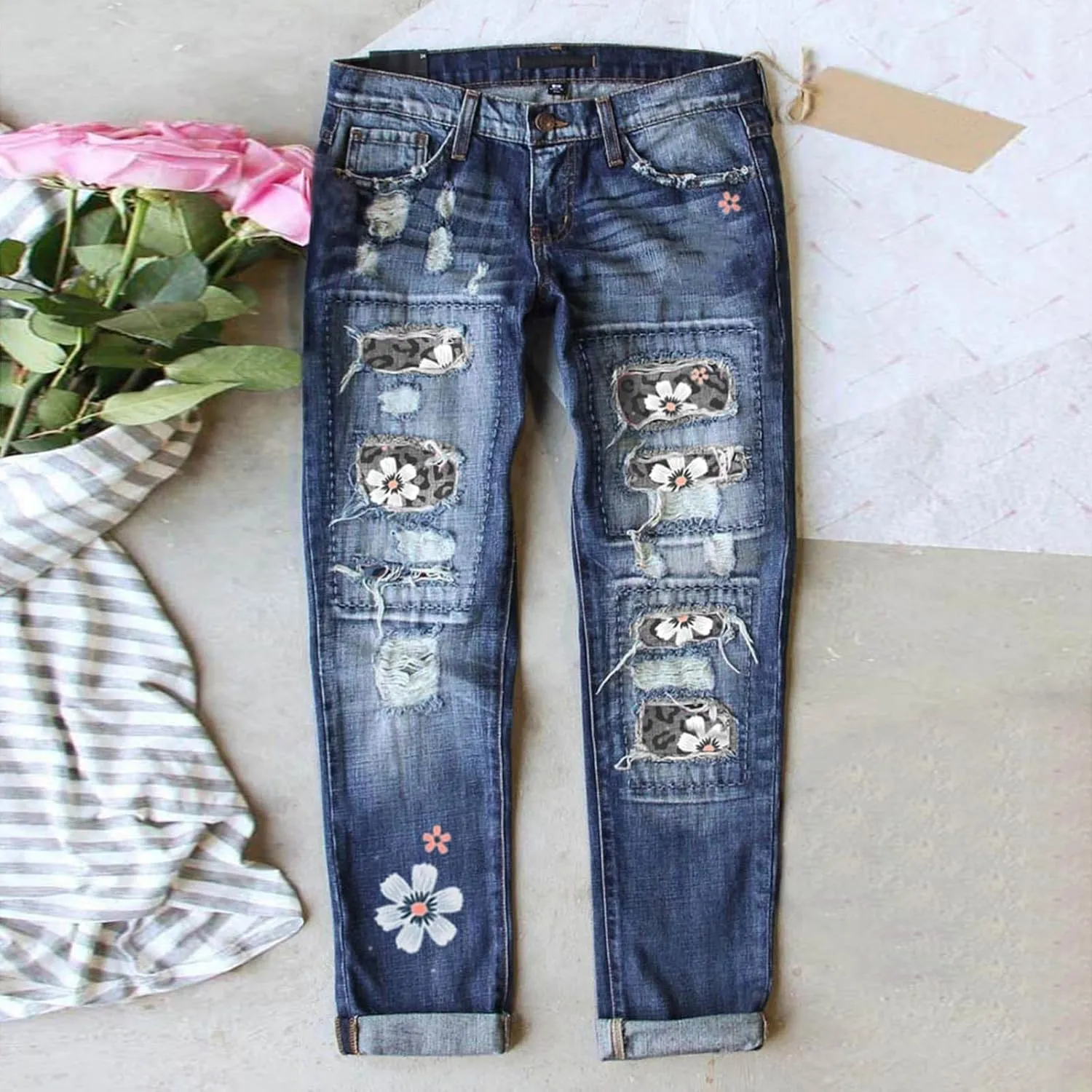 Womens Plaid Patch Ripped Boyfriend Jeans Distressed Stretch Skinny Denim Jeans with Hole,2024 Spring Fashion Pants