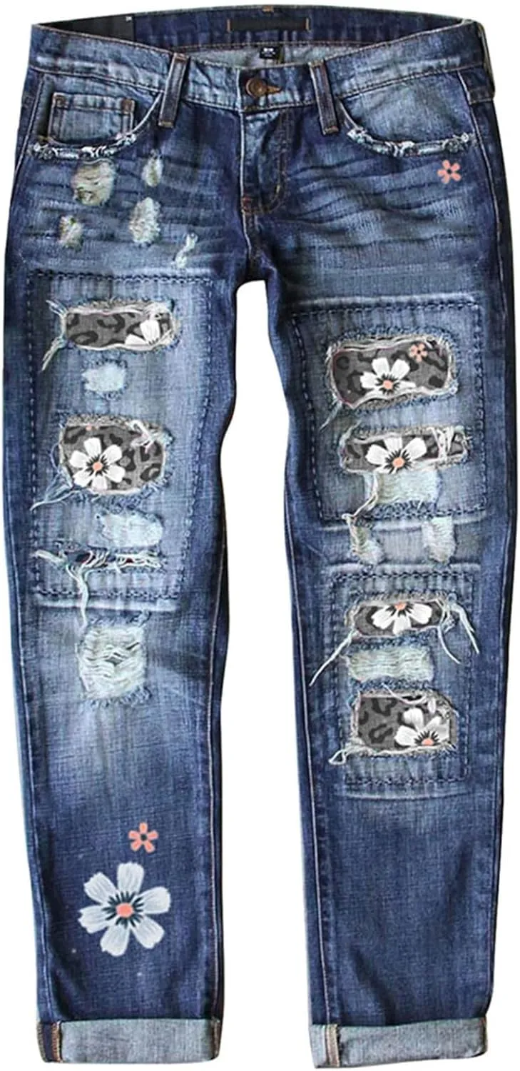Womens Plaid Patch Ripped Boyfriend Jeans Distressed Stretch Skinny Denim Jeans with Hole,2024 Spring Fashion Pants