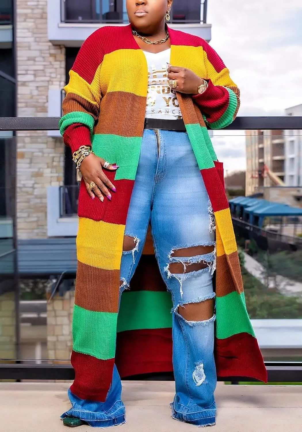 Women's Plus Size Knit Cardigan Long Sleeve Colorblock Open Front Sweater Coat Outwear with Pockets