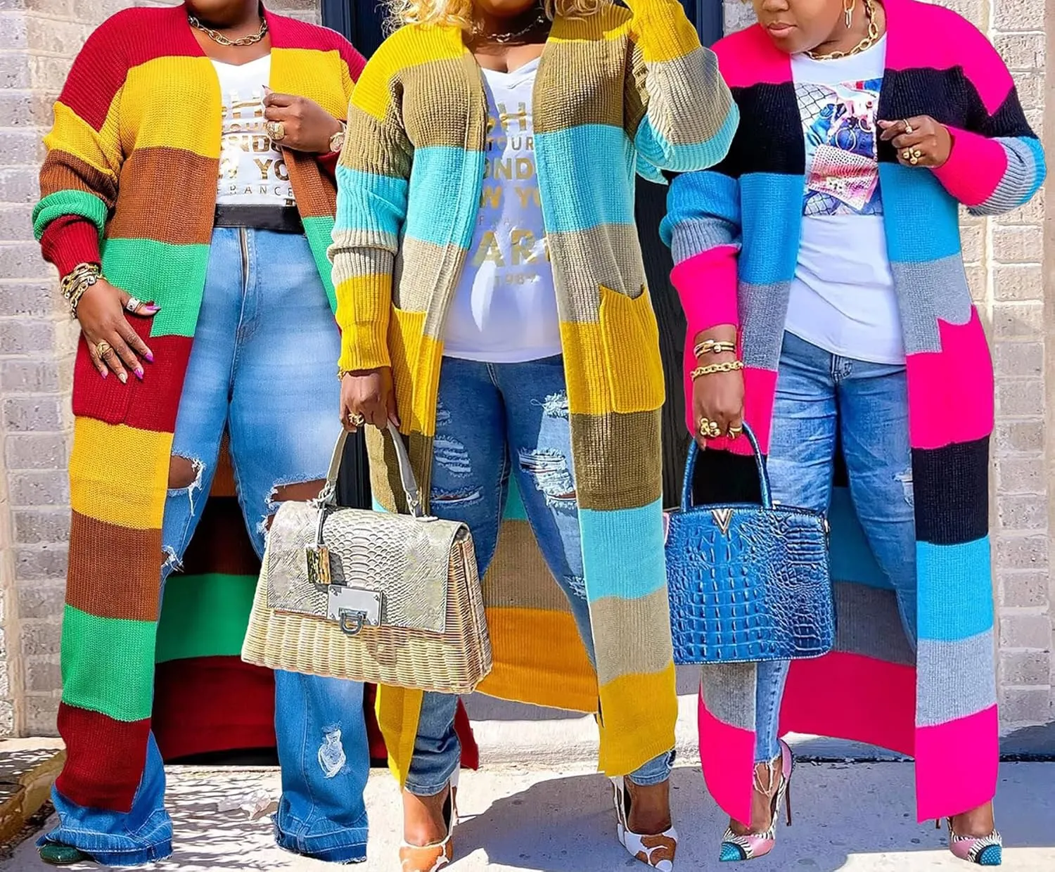 Women's Plus Size Knit Cardigan Long Sleeve Colorblock Open Front Sweater Coat Outwear with Pockets