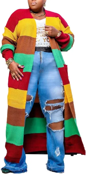 Women's Plus Size Knit Cardigan Long Sleeve Colorblock Open Front Sweater Coat Outwear with Pockets
