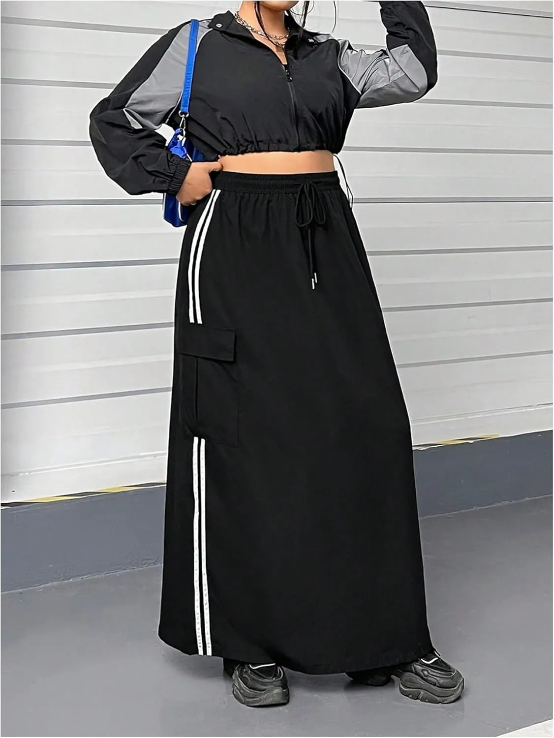 Women's Plus Size Stripe Side Cargo Skirt Drawstring Elastic Waist Maxi Long Skirts