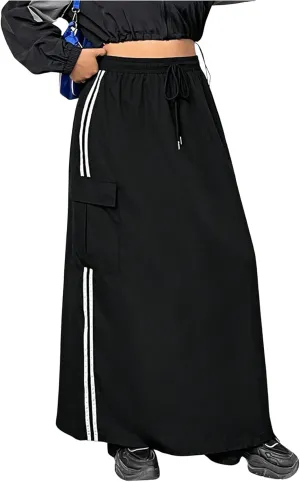 Women's Plus Size Stripe Side Cargo Skirt Drawstring Elastic Waist Maxi Long Skirts