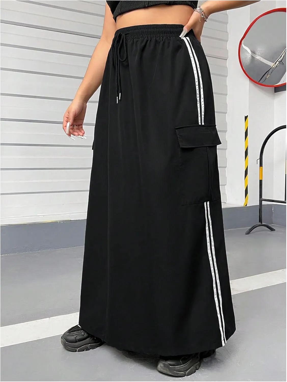 Women's Plus Size Stripe Side Cargo Skirt Drawstring Elastic Waist Maxi Long Skirts