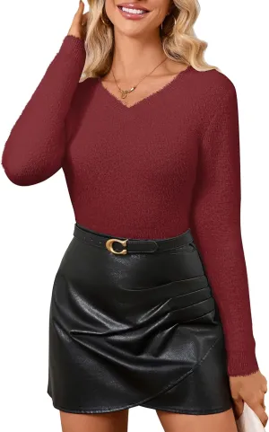 Women's Pullover Sweater Furry Cropped Long Sleeve V-Neck Loose Warm Knit Outwear Casual Sweater Tops