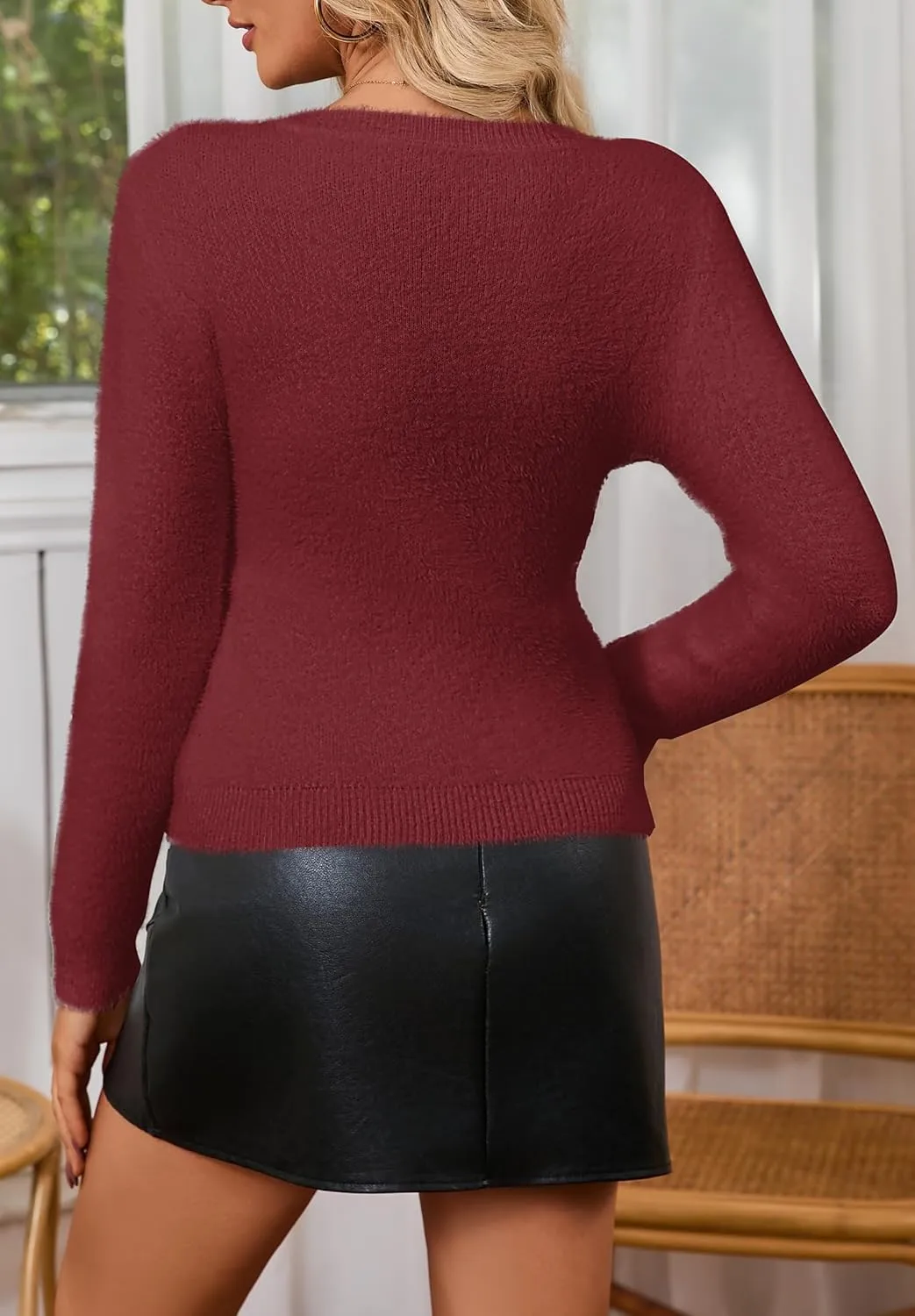 Women's Pullover Sweater Furry Cropped Long Sleeve V-Neck Loose Warm Knit Outwear Casual Sweater Tops