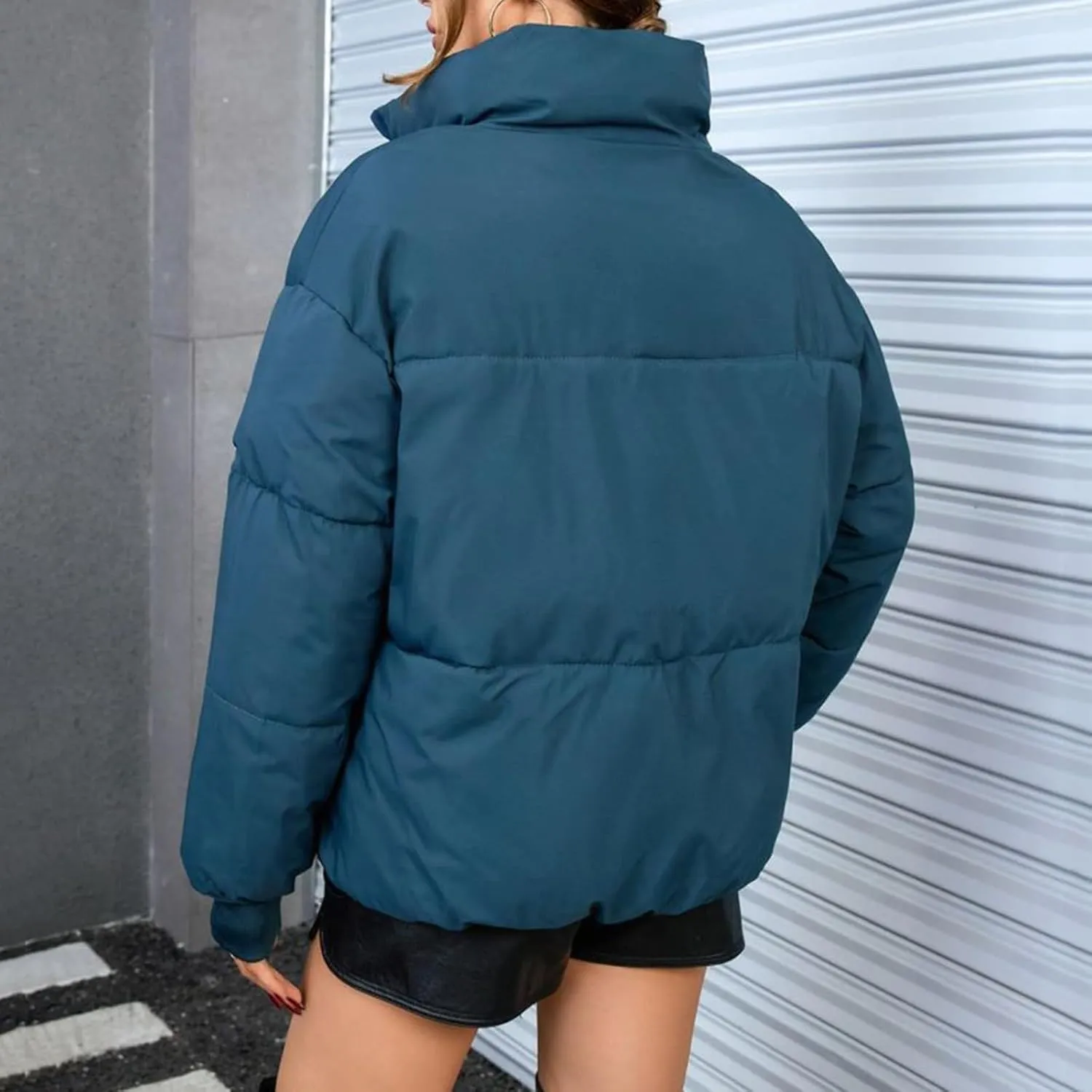 Womens Quilted Jackets Full Zip Jacket Coats Padded Down Coats Warm Cropped Solid Casual Puffer Coat Outwear