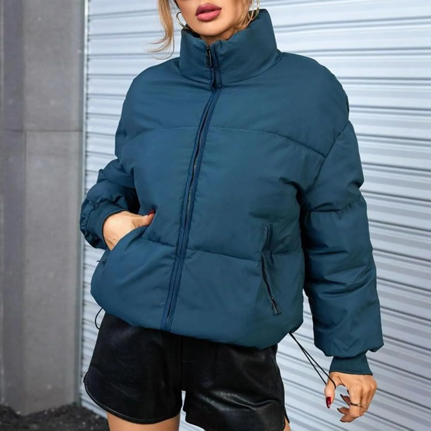 Womens Quilted Jackets Full Zip Jacket Coats Padded Down Coats Warm Cropped Solid Casual Puffer Coat Outwear