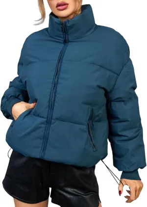 Womens Quilted Jackets Full Zip Jacket Coats Padded Down Coats Warm Cropped Solid Casual Puffer Coat Outwear