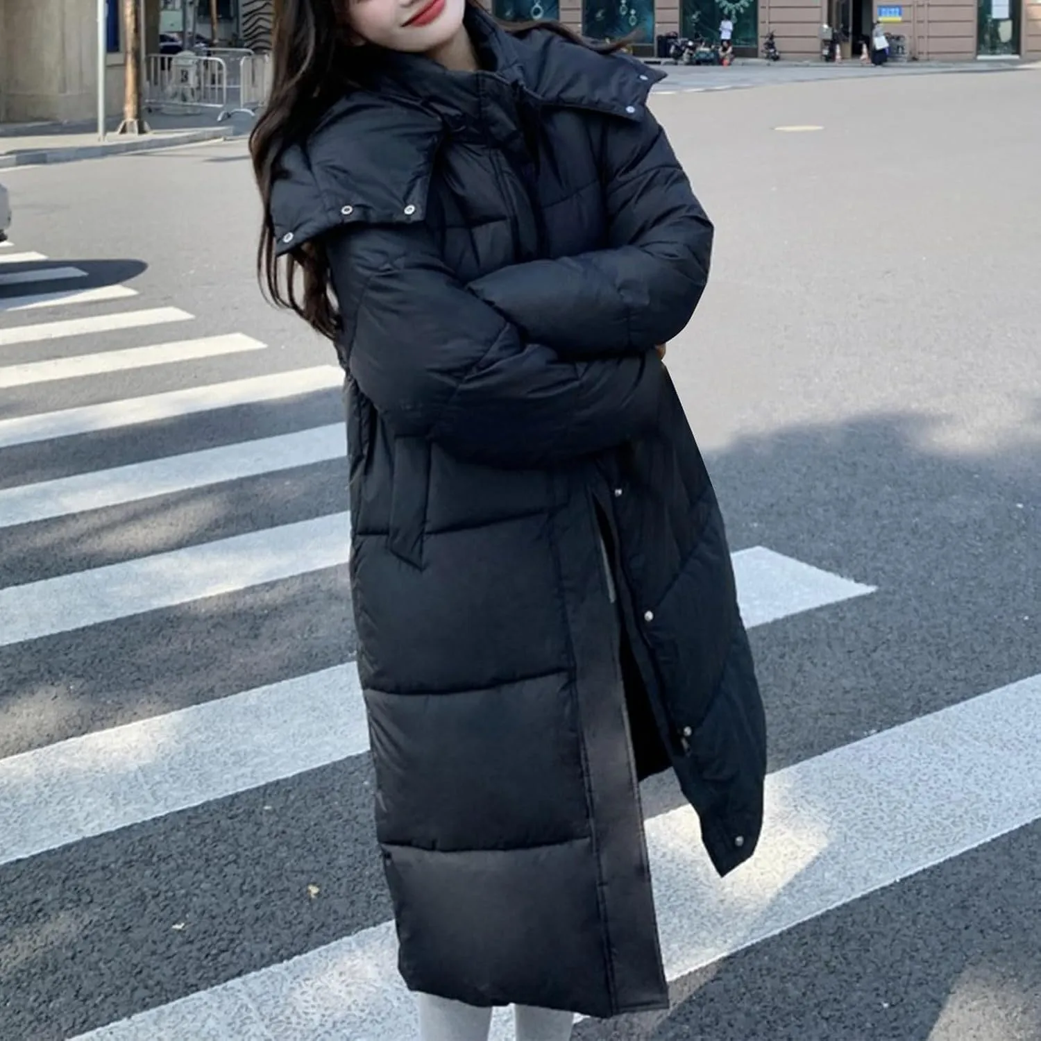 Women's Quilted Lightweight Puffer Jacket Thickened Long Winter Coats Zip Up Baggy Down Padded Pockets Hooded Outerwear
