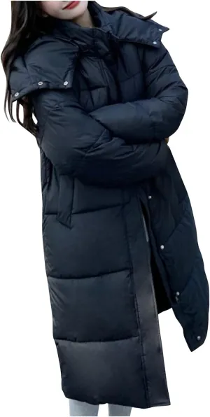 Women's Quilted Lightweight Puffer Jacket Thickened Long Winter Coats Zip Up Baggy Down Padded Pockets Hooded Outerwear