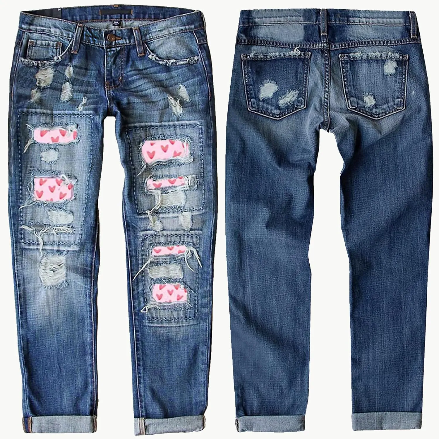 Womens Ripped Jeans Plaid Patch Boyfriend Skinny Middle Waist Distressed Denim Jean Pants