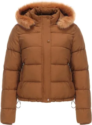 Women's Short Thickened Down Jacket with Removable Faux Fur Hood Warm Winter Padded Puffer Coat Quilted Pockets Outwear
