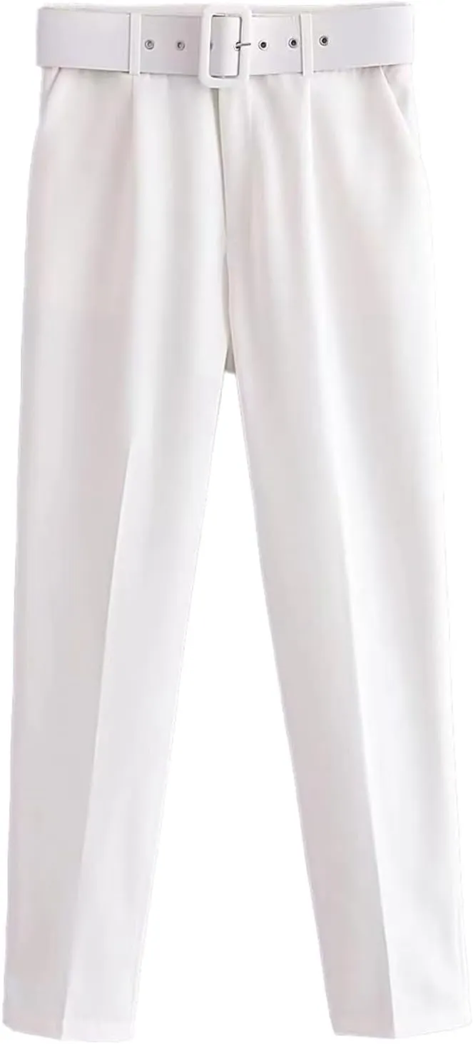 Women's Solid Color High Waisted Slim Straight Leg Nine Point Pants Dressy Casual Cropped Trousers Ankle Trousers