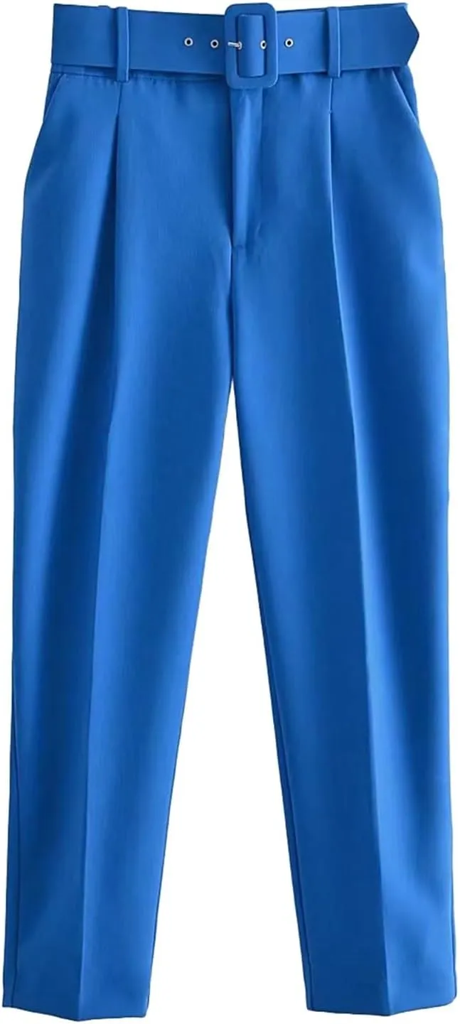 Women's Solid Color High Waisted Slim Straight Leg Nine Point Pants Dressy Casual Cropped Trousers Ankle Trousers