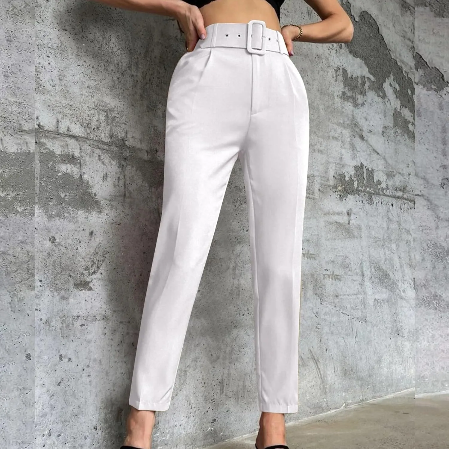 Women's Solid Color High Waisted Slim Straight Leg Nine Point Pants Dressy Casual Cropped Trousers Ankle Trousers