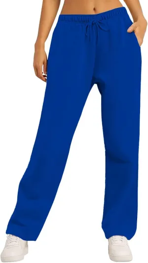 Women's Solid Color Joggers Trousers Casual High Waist Sports Fleece Pants Wide Leg Straight with Pockets Sweatpants