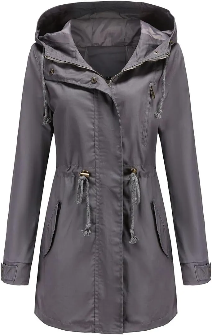 Women's Solid Color Loose Military Hooded Jacket Zip Up Utility Drawstring Waist Anorak Coat with Pockets