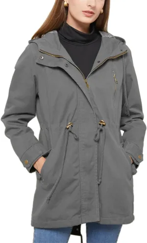 Women's Solid Color Loose Military Hooded Jacket Zip Up Utility Drawstring Waist Anorak Coat with Pockets