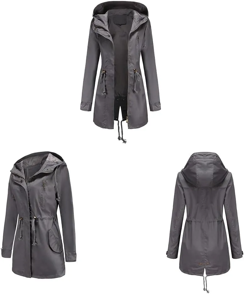 Women's Solid Color Loose Military Hooded Jacket Zip Up Utility Drawstring Waist Anorak Coat with Pockets