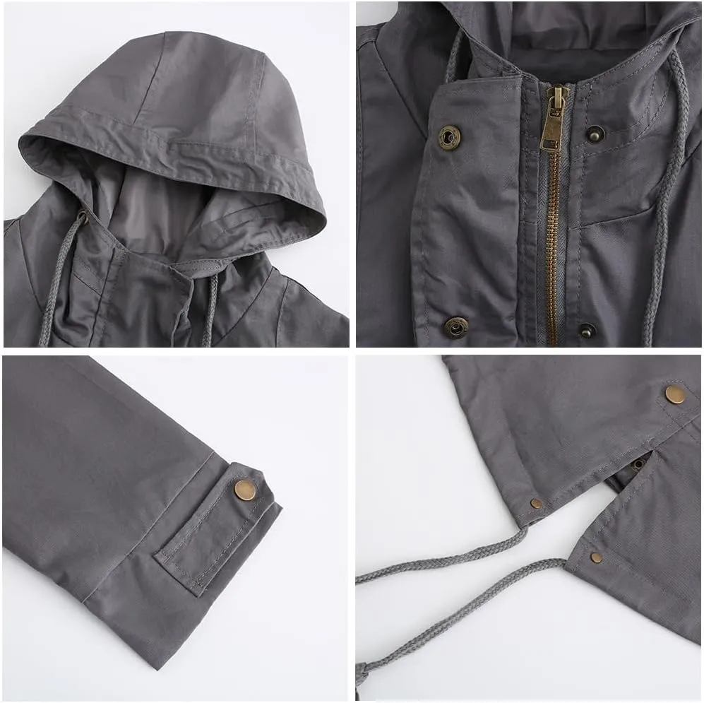 Women's Solid Color Loose Military Hooded Jacket Zip Up Utility Drawstring Waist Anorak Coat with Pockets