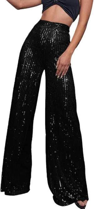 Women's Sparkling Sequins Flared Pants High Waisted Casual Wide Leg Palazzo Trousers Straight Suit Nightclub Pants