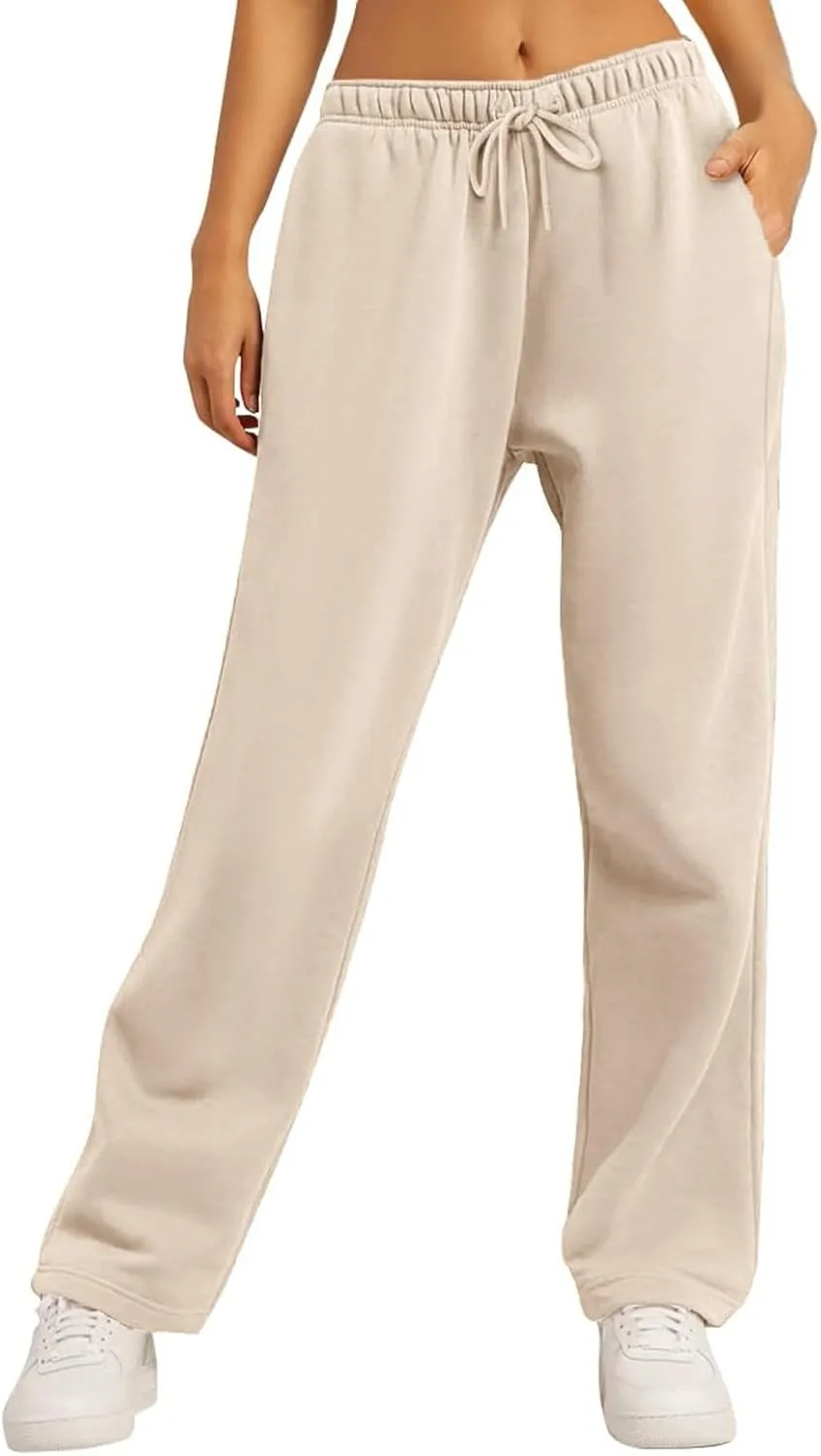Womens Straight Leg Sweatpants Plus Size Casual Athletic Workout Pants Stretch Drawstring Lounge Pants Pockets