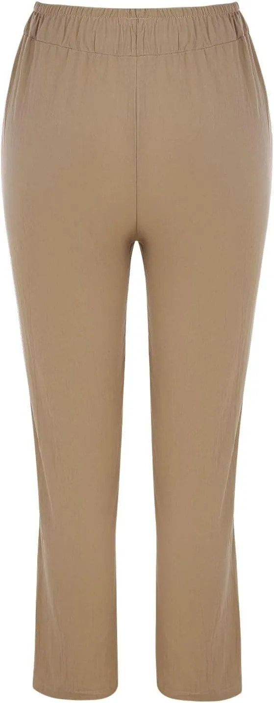 Women's Straight Leg Trousers Elastic High Waist Cotton Linen Casual Loose Trousers Roll Up Slim Fit Capri Pants with Pockets
