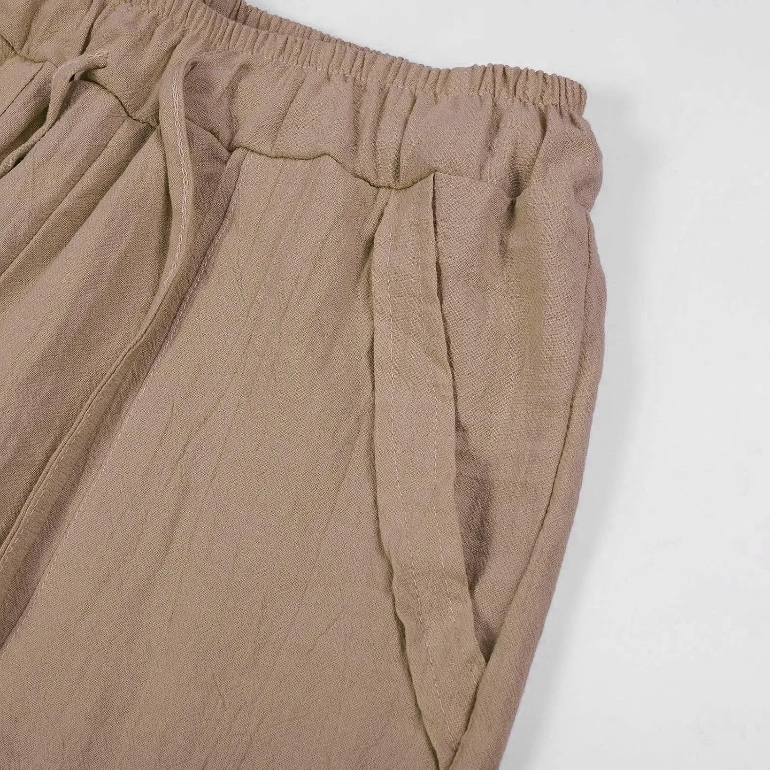 Women's Straight Leg Trousers Elastic High Waist Cotton Linen Casual Loose Trousers Roll Up Slim Fit Capri Pants with Pockets