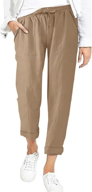 Women's Straight Leg Trousers Elastic High Waist Cotton Linen Casual Loose Trousers Roll Up Slim Fit Capri Pants with Pockets