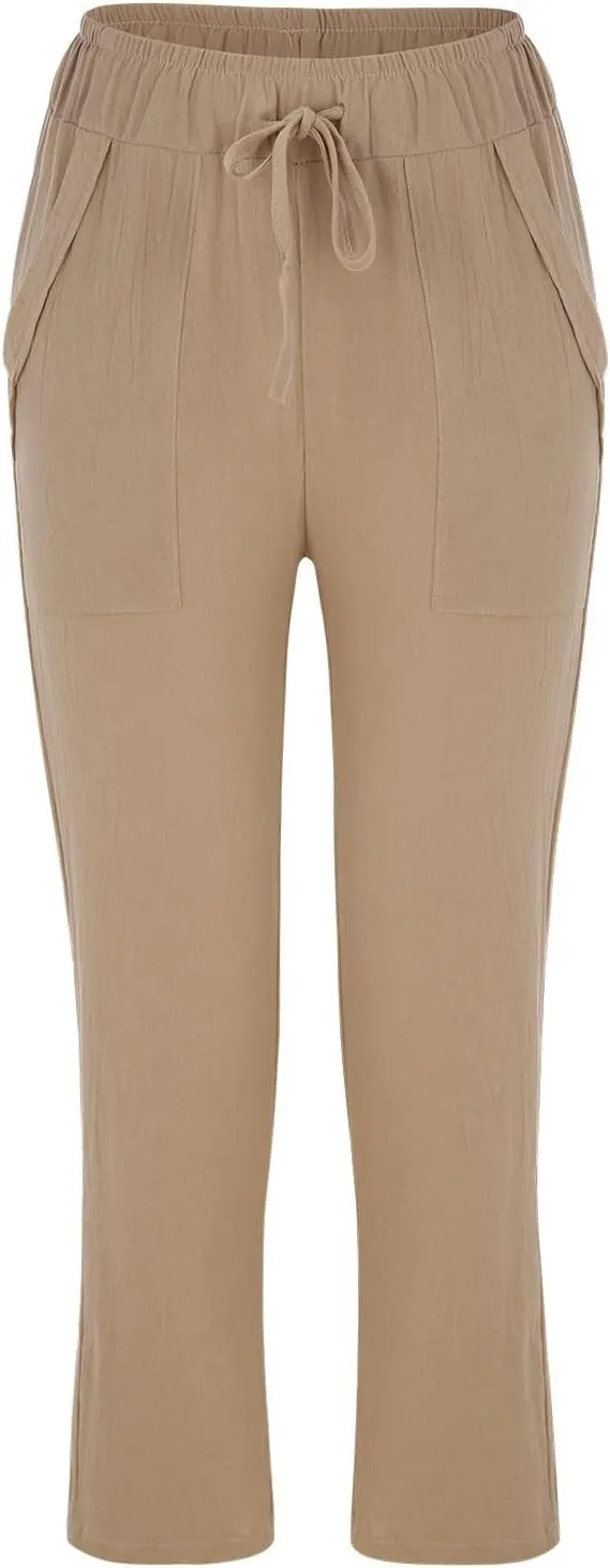 Women's Straight Leg Trousers Elastic High Waist Cotton Linen Casual Loose Trousers Roll Up Slim Fit Capri Pants with Pockets