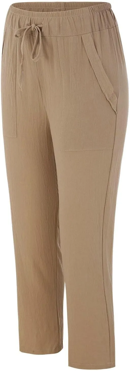 Women's Straight Leg Trousers Elastic High Waist Cotton Linen Casual Loose Trousers Roll Up Slim Fit Capri Pants with Pockets