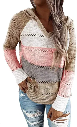 Womens Striped Color Block Sweater Casual Drawstring Hoodies Fashion V Neck Knit Sweater Pullovers
