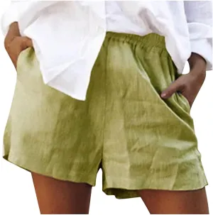 Women's Summer Cotton Linen Shorts with Pockets Plus Size Elastic Waisted Summer Lounge Pants