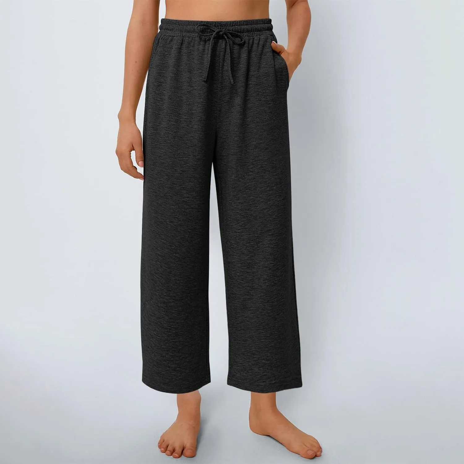 Womens Sweatpants Drawstring Stretch High Rise Straight Leg Pockets Solid Color Trousers Casual Comfy Workout Pant