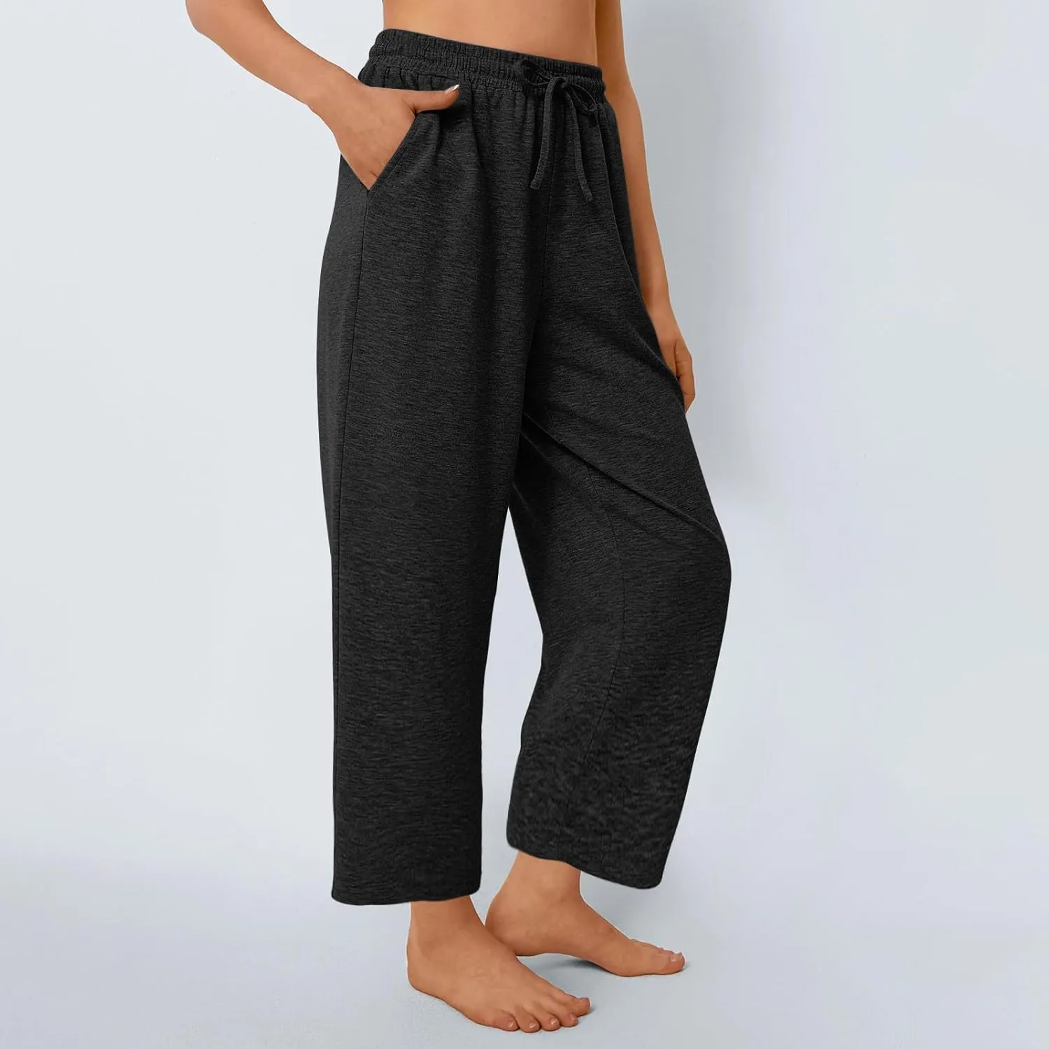 Womens Sweatpants Drawstring Stretch High Rise Straight Leg Pockets Solid Color Trousers Casual Comfy Workout Pant