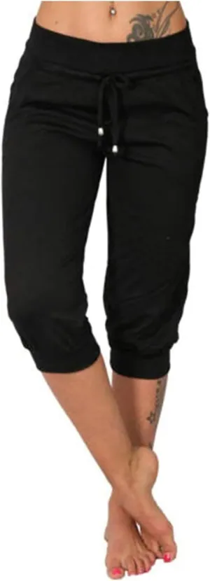 Womens Tapered Sweatpants Solid Color Elastic Waist Drawstring Capri Pants Running Yoga Trousers with Pockets